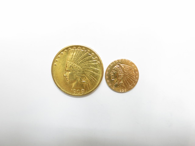 K21.6金インディアンコイン10ドル＆2.5ドル総重量20.8ｇ買取いたしました。