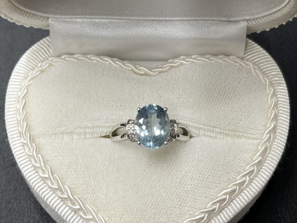 14K ホワイトゴールド アクアマリン ダイヤ リング 後K刻印