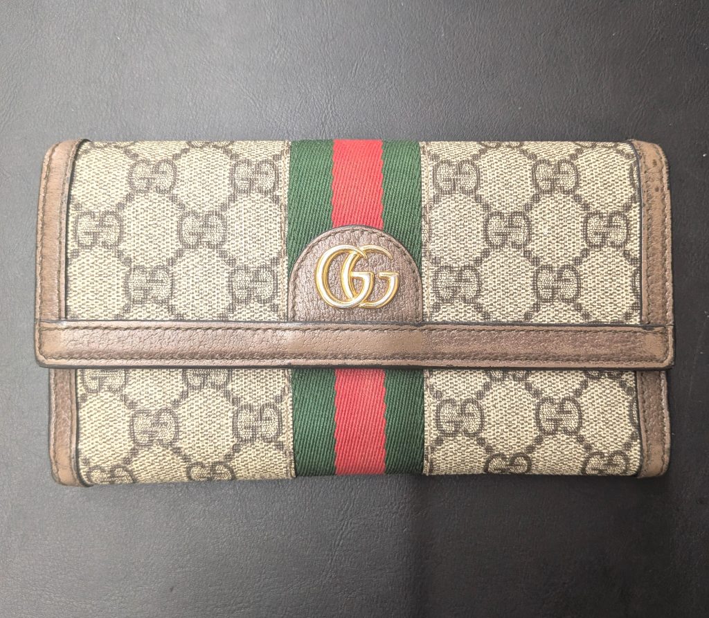 グッチ 買取 シェリーライン  PVC×レザー 長財布 ベージュ 523153